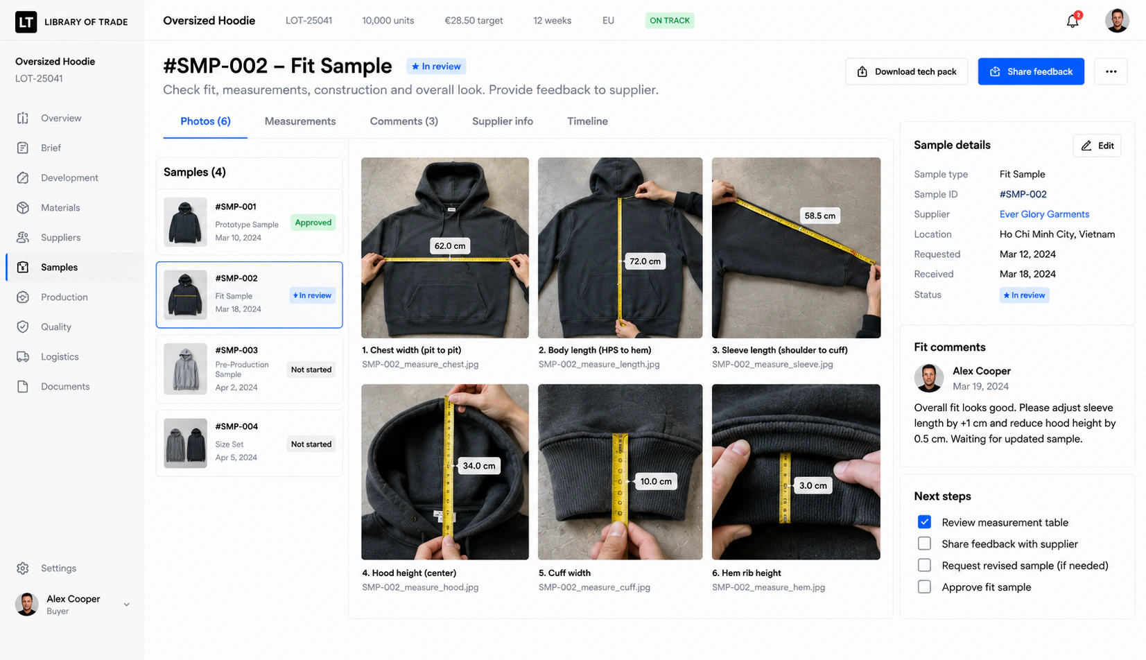 The Library of Trade portal, on the sampling screen for fit sample SMP-002 of the same oversized hoodie, in review: six photographs of the black sample flat on a floor with a tape measure held across each point of measure — chest 62.0, body length 72.0, sleeve 58.5, hood height 34.0, cuff width 10.0 and hem rib 3.0 centimetres — the four samples in the run listed beside them from the approved prototype to the size set not yet started, and a panel giving the sample its supplier, location and dates, with a fit comment asking for a centimetre more sleeve and half a centimetre less hood before the next sample.